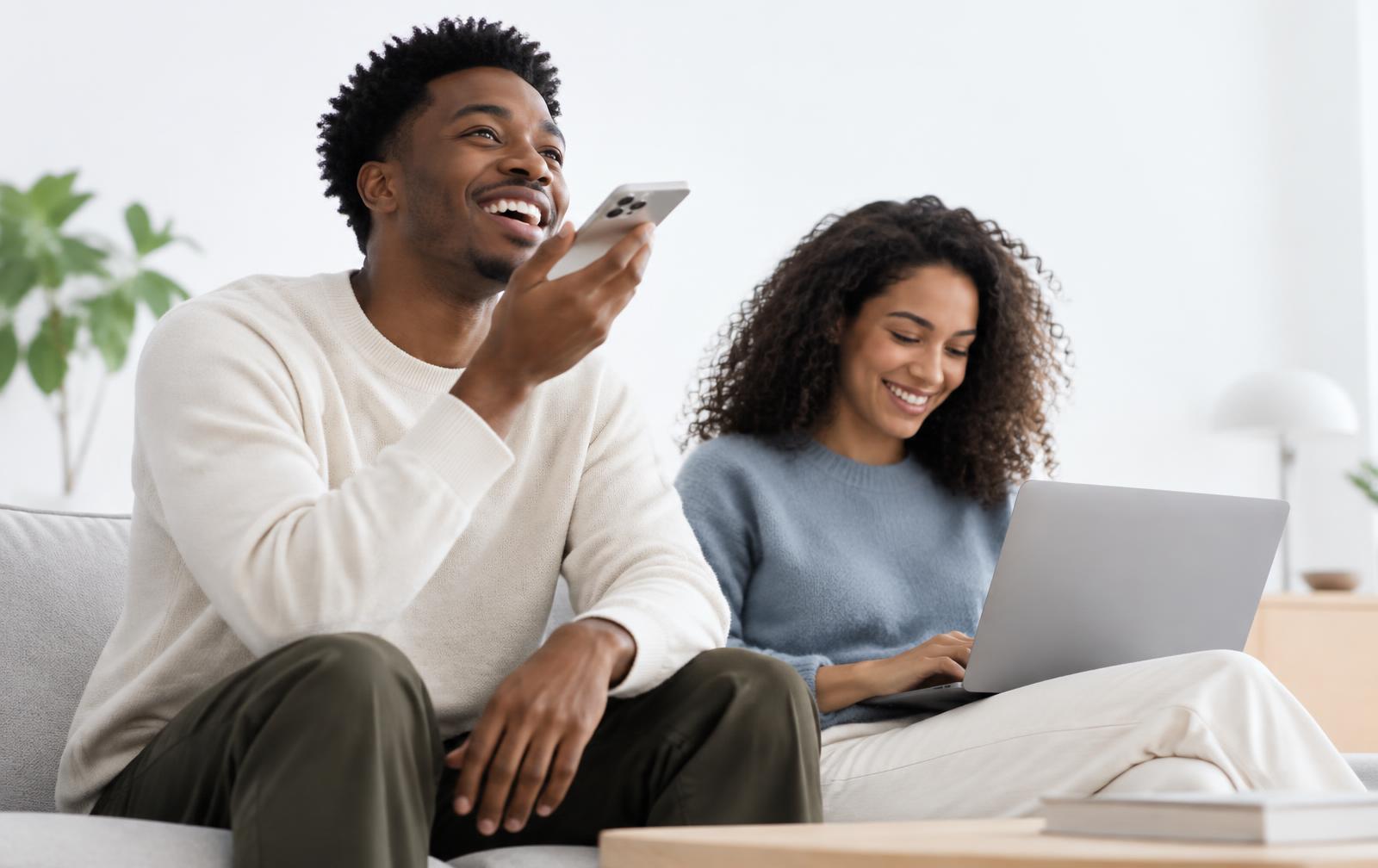 Two people talking to their AI agents at home